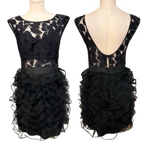 BCBGENERATION  black mini lace cocktail dress with puff skirt